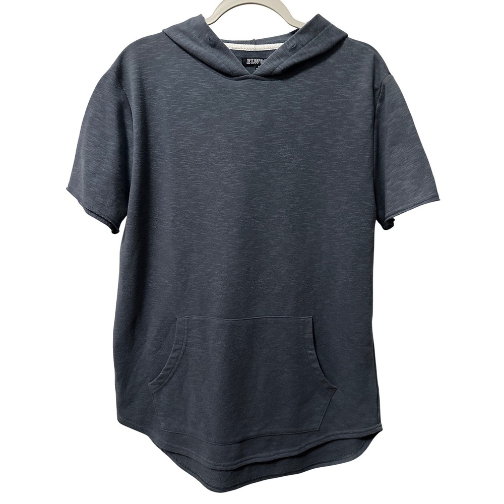 Elwood Hooded T-Shirt Men's S Curved Hem SS Hoodie Gray Drawstring Sweat Shirt - Picture 1 of 5